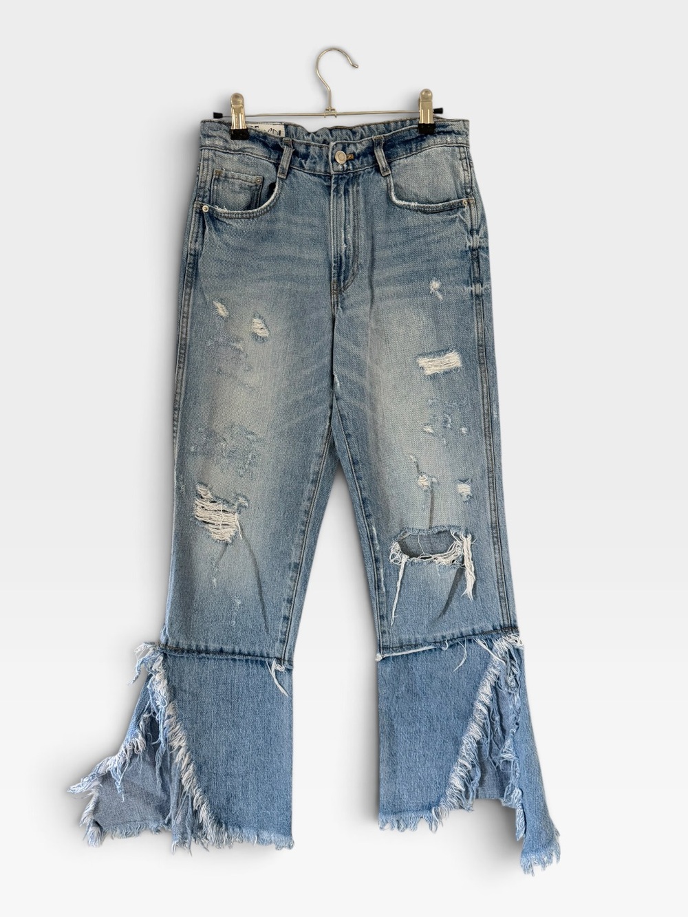 ZARA Trafaluc Denimwear IXD Makers Distressed Flare Jeans With Frayed Panel Hem - Picture 5 of 10